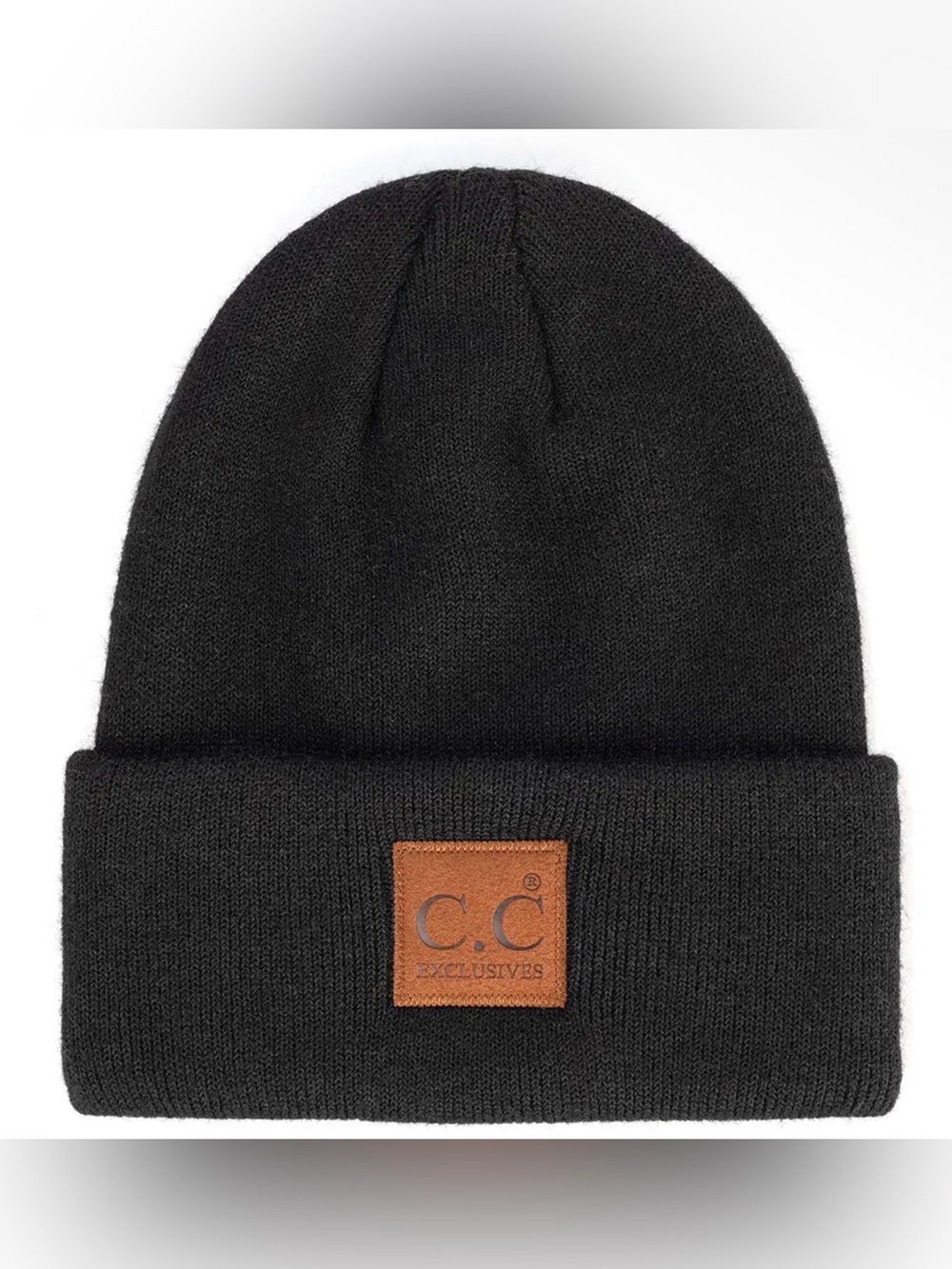 C.C Black Beanie with Brown Leather Patch